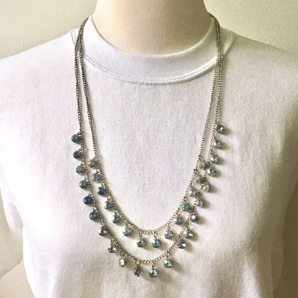 Silver Tone AB Glass Dangling Rhinestone Necklace 32in Long Layered Double Chain